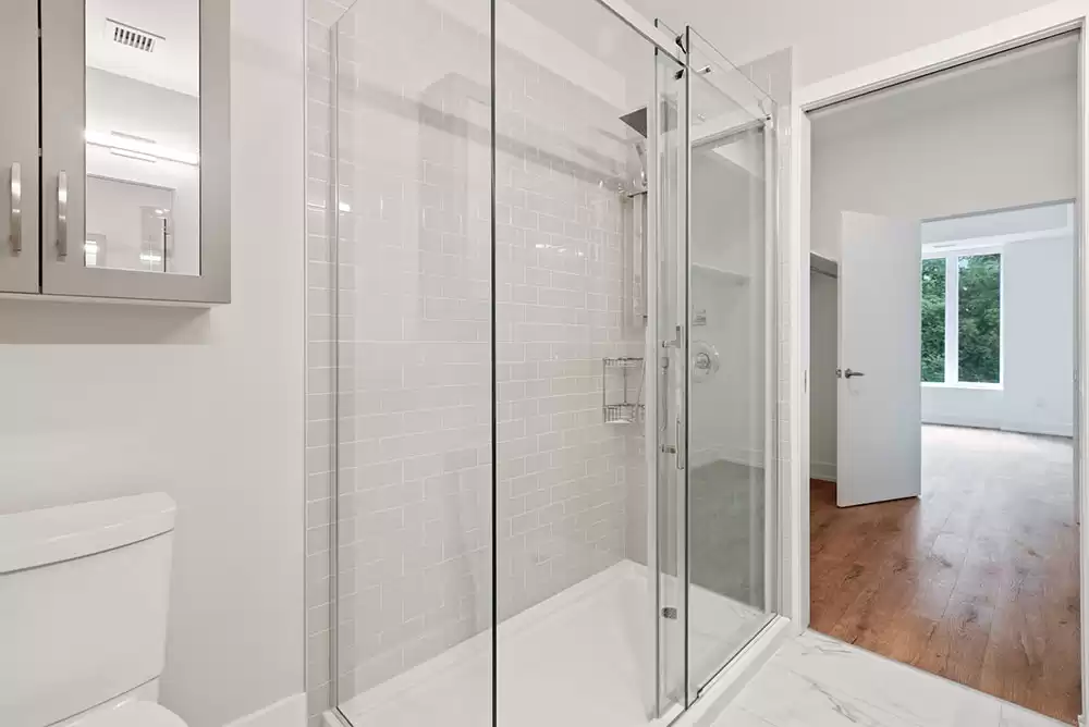 A clean glass shower door