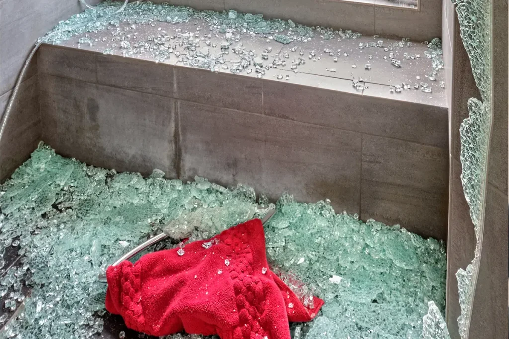 broken glass shower door with red towel in shower