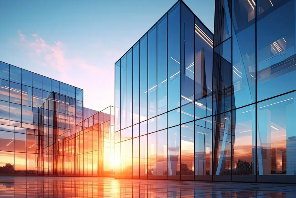 sun rising on a glass commercial building