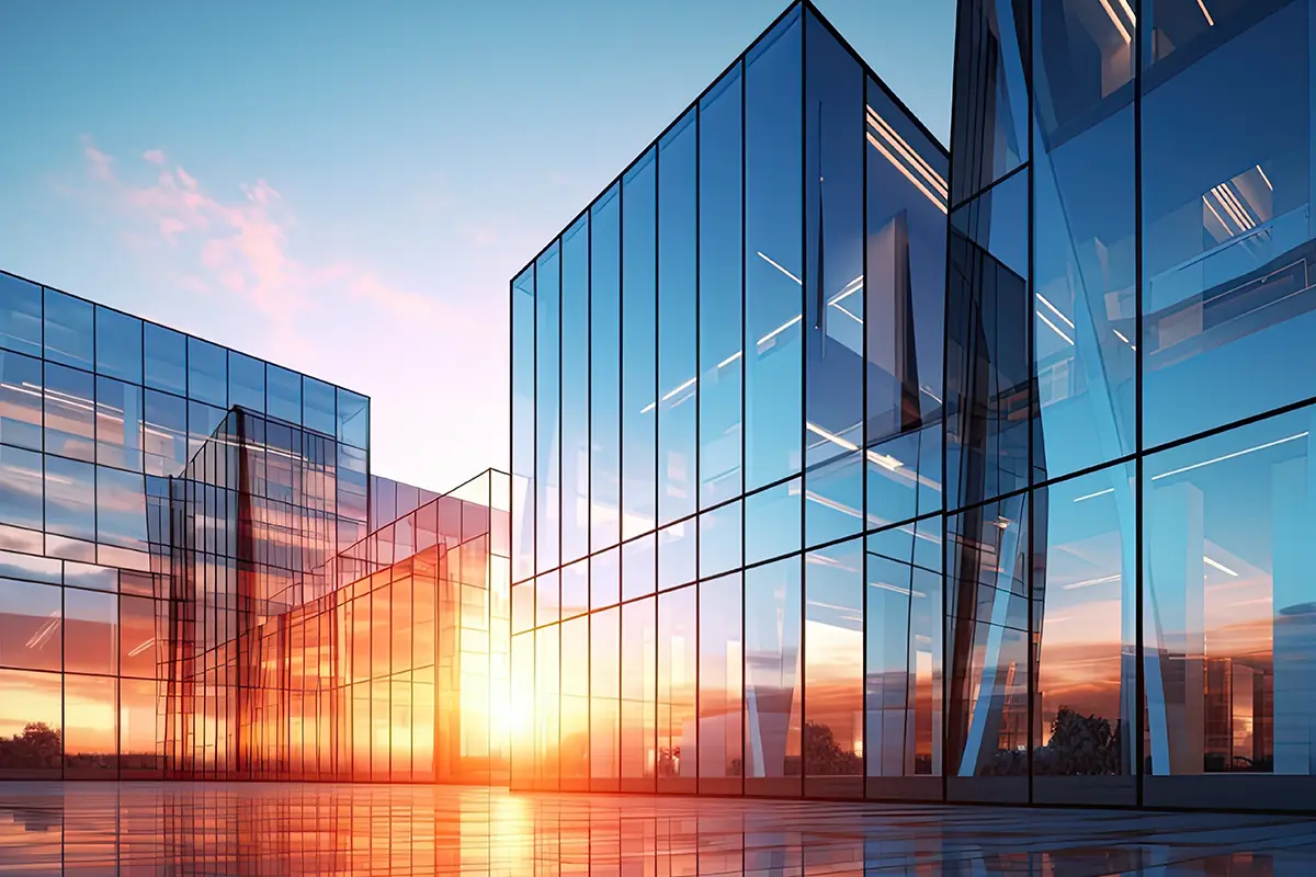 sun rising on a glass commercial building