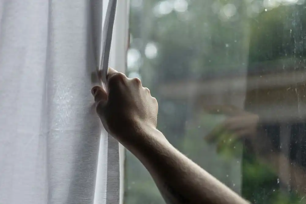 a dingy, scratched window